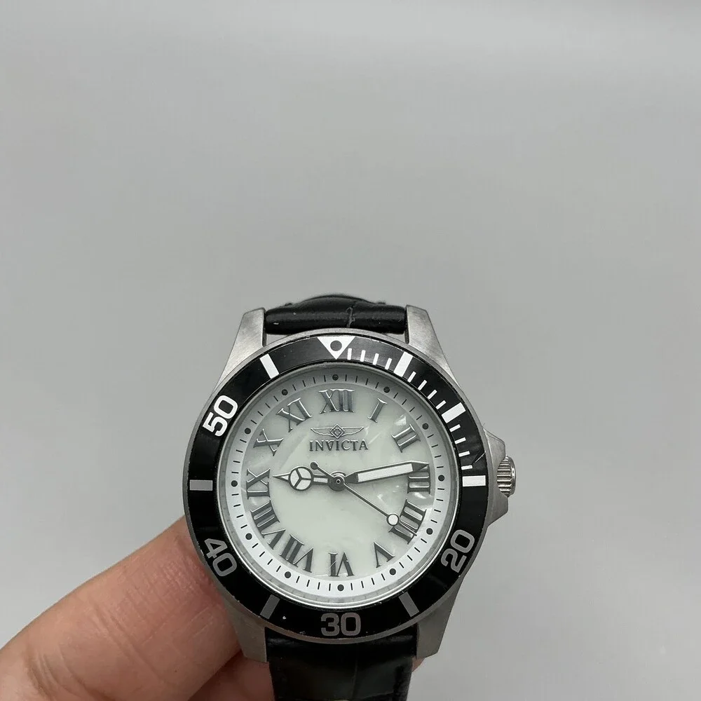 Invicta Pro Diver Womens Watch 33mm MOP Black Leather Band 50M New Battery